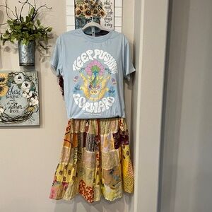Patchwork boho cotton elastic waist skirt w/ graphic tee